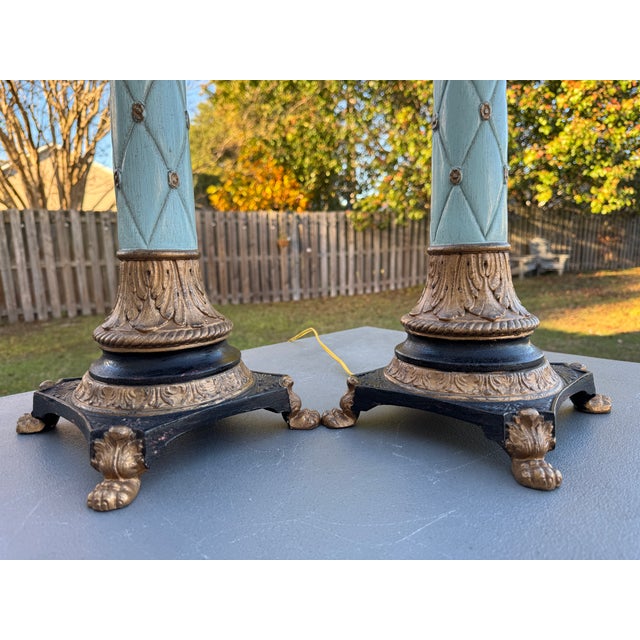 1980s Vintage 1980s Italian Ceramic & Wood Gilt & Aqua Neoclassical-Style Empire Table Lamps For Sale - Image 5 of 18