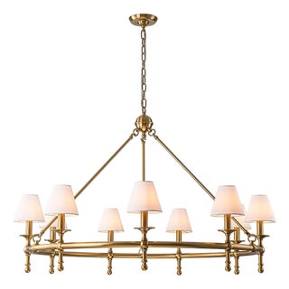 Aloadecor 47'' 9-Light Extra Large Vintage Brass Chandelier With White Fabric Shades for Dining Room or Living Room For Sale