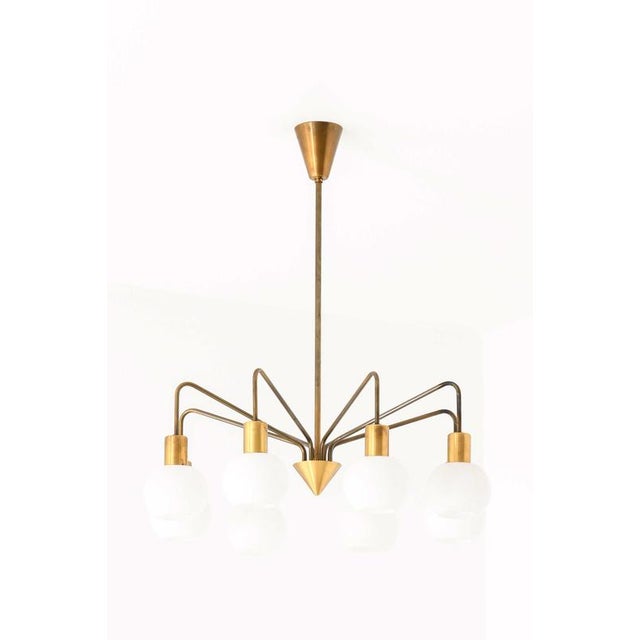 Scandinavian Modern Chandelier in Brass and Opaline Glass, 1950s For Sale - Image 10 of 11