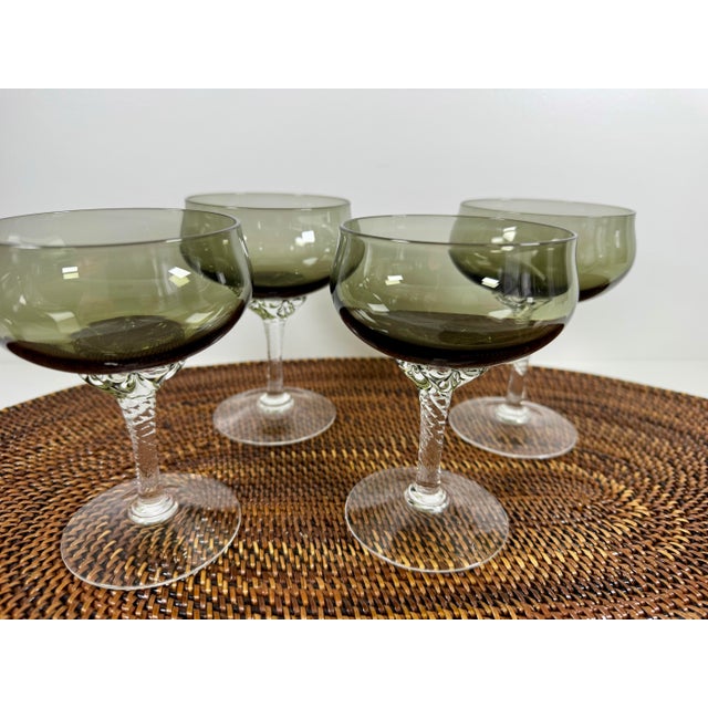 Sasaki Coronation Smoke Coupe Glasses Set of 4 Gray Mid Century Japanese Stemware For Sale - Image 4 of 5