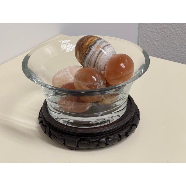 Abstract Carved Lotus Base Glass Bowl + Stone Sphere Set For Sale - Image 3 of 12