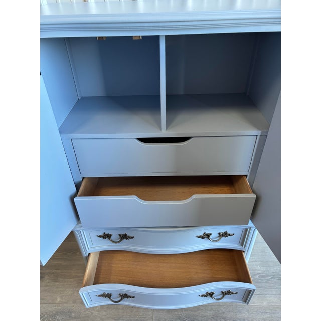 1960s French Provincial Style Armoire Wardrobe Storage in Soft Blue With Carved Details For Sale - Image 9 of 11