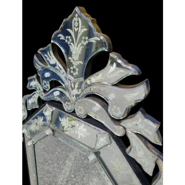 Venetian Hollywood Regency Etched Cut Glass Pagoda Style Narrow Wall Mirror For Sale In West Palm - Image 6 of 10