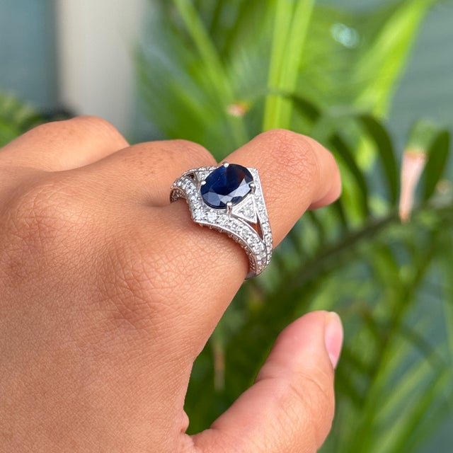 1920s Style 2.6 Ct Deep Blue Sapphire Art Deco Diamond Ring Size 5 in 14k White Gold For Sale - Image 12 of 16