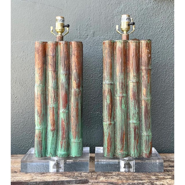 Mid-Century Modern Vintage Faux Bamboo Lamps on Lucite Plinth - A Pair For Sale - Image 3 of 12