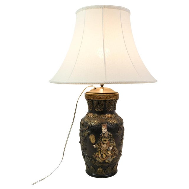 Black Chinese Lamp with Detailed Carvings and Motif, 1920s For Sale - Image 8 of 8