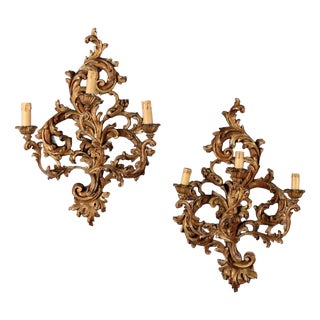Italian Wall Lamps in Lacquered Gilded Wood, Set of 2 For Sale