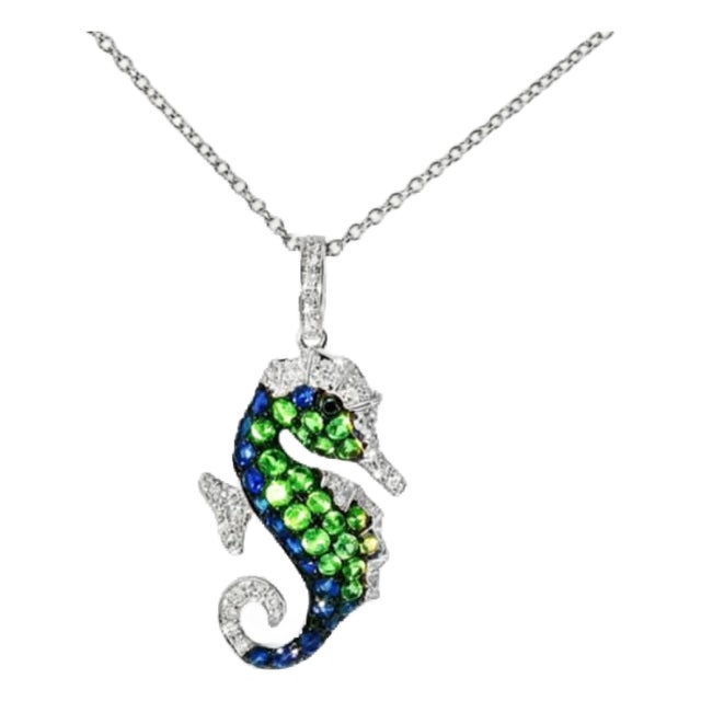 Late 20th Century 14K White Gold Seahorse Tsavorite Sapphire Pendant Estate by EFFY For Sale