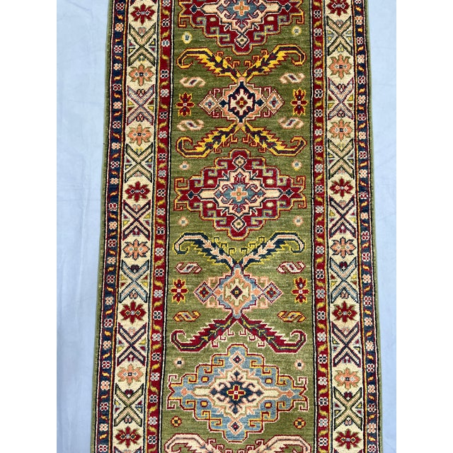 Olive Green and Cream Kazak-Style Wool Runner Rug, Natural Dyes, 2'9" X 10' For Sale - Image 4 of 16