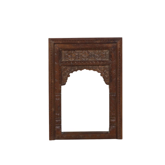 Antique Indian Teakwood Carved Window Frame Mirror For Sale - Image 4 of 5