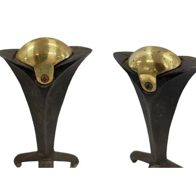 Vintage 50s Mid Century Modern Art Deco Donald Deskey Wrought Iron & Brass Fireplace Andirons For Sale - Image 10 of 11