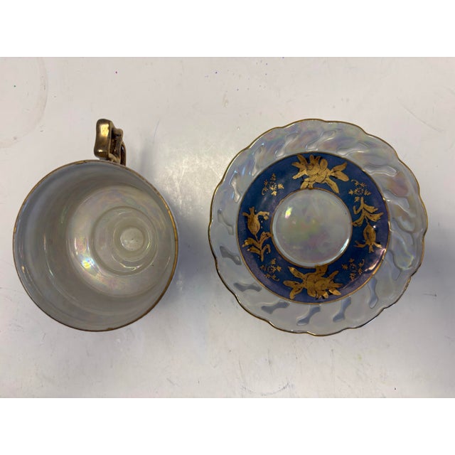 Antique Art Nouveau Teacup & Pierced Saucer, Cobalt Blue Gilt Porcelain, Iridescent Opaline Glaze, European C. 1900. Harrach Moser School Style For Sale - Image 4 of 6