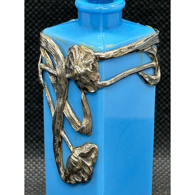 Antique Art Nouveau French Blue Glass Perfume Bottle Sterling Silver Overlay Belle Epoque Scent Bottle For Sale - Image 4 of 5