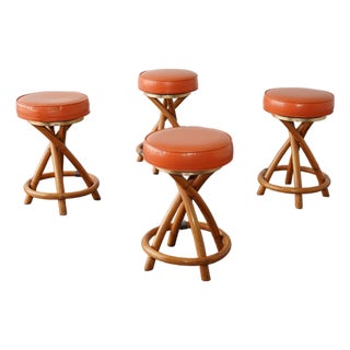 Set of 4 Mid Century Coastal Rattan Tiki Counter Stools Attrib Paul Frankl For Sale