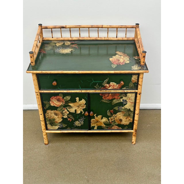 Coastal Bamboo Cabinet, Decoupaged With Flowers, Circa 1990 For Sale - Image 3 of 16