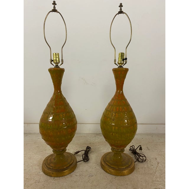 Mid-Century Modern Lava Drip Glaze Lamps, Orange and Green For Sale - Image 10 of 10