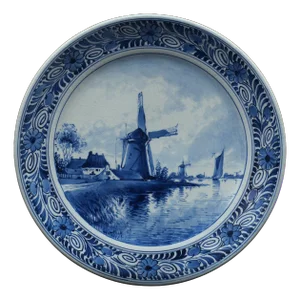 Antique Blue and White Plate with Windmills from Royal Delft, 1912