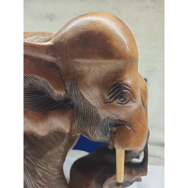 Vintage Hand Carved Elephant With Tusks Detailed Teak For Sale - Image 4 of 6