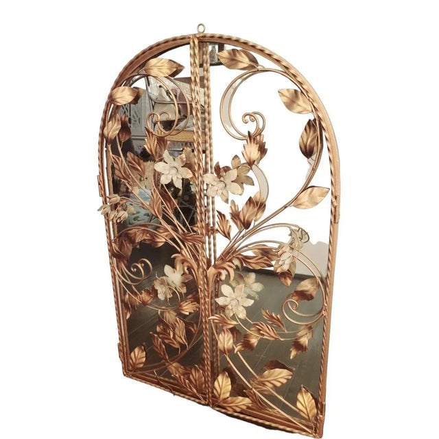 1970s Vintage Tole Arched Regency 2 Door Gold Floral Wall Mirror For Sale - Image 5 of 12
