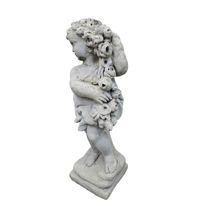 Vintage Garden Cherub Statue Holding Floral Garland For Sale In Chicago - Image 6 of 8