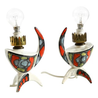 Mid-Century Modern Italian Hand-Painted Ceramic Table Lamps, 1950s, Set of 2 For Sale