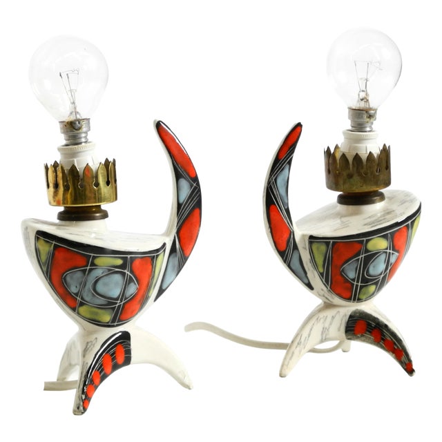 Mid-Century Modern Italian Hand-Painted Ceramic Table Lamps, 1950s, Set of 2 For Sale