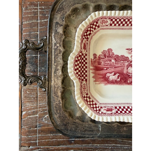 Antique W. Adams & Sons Red Transferware Cake Plate | Old English Rural Scenes | Square Handled Serving Plate England For Sale - Image 10 of 12