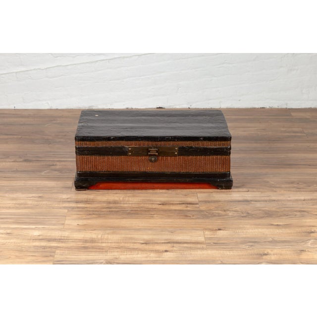 Wood Chinese 1900s Wooden Treasure Chest With Rattan Accents and Dark Brass Hardware For Sale - Image 7 of 13