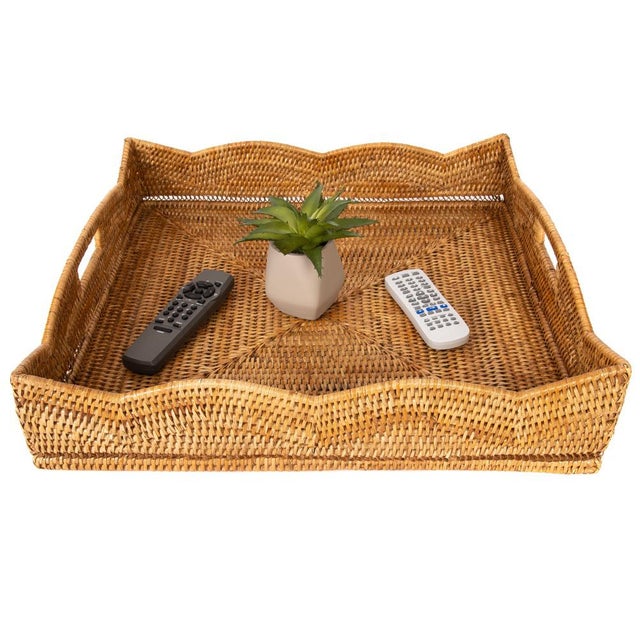 Artifacts Rattan Scallop Collection Square Tray with Cutout Handles in Honey Brown - 20" For Sale - Image 4 of 8