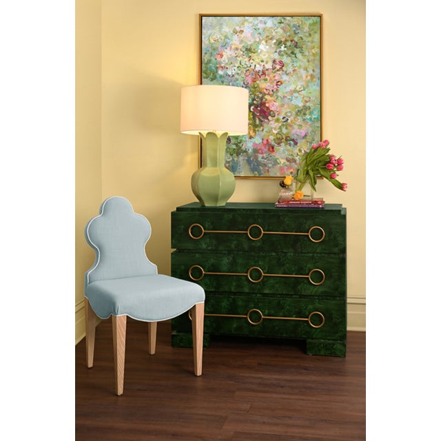 Matthew Izzo Home Adelaide Light Blue Performance Linen Clover Back Dining Chair With White Welting and Cerused Oak Legs For Sale In New York - Image 6 of 6