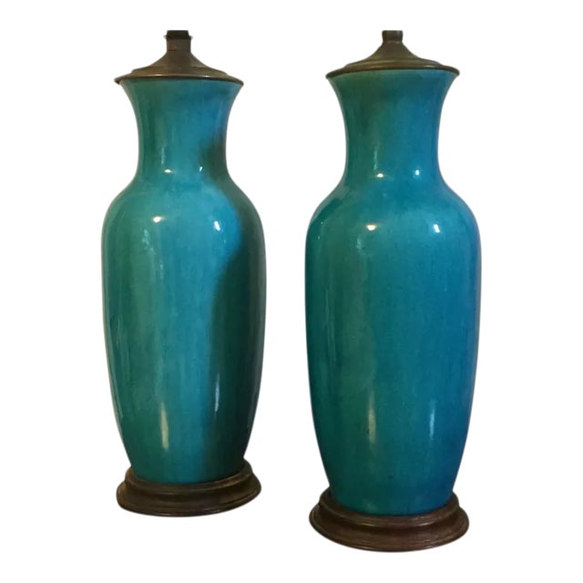 Antique 19th Century Chinese Monochrome Turquoise Crackle Glaze Porcelain Vases Mounted Lamps - Set of 2 For Sale