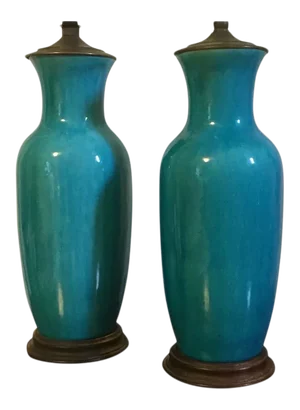 Antique 19th Century Chinese Monochrome Turquoise Crackle Glaze Porcelain Vases Mounted Lamps - Set of 2
