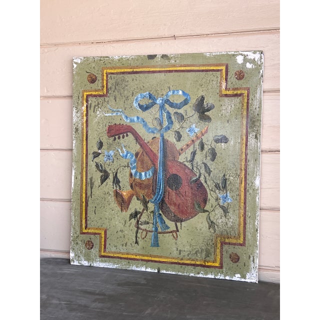 Green Pair of Large French Louis XVI Style Painted Oil on Wood Trophy Paintings For Sale - Image 8 of 10