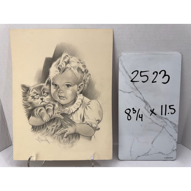 1940s Original Signed Graphite Illustration of Young Girl Holding Cat, 11.5 × 8.75 In. For Sale In Atlanta - Image 6 of 6