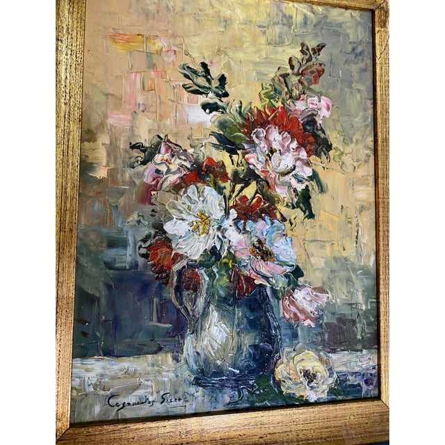 This Spanish still life knife oil painting captures a scene of a large bouquet of ancient rose flowers? purple, pink,...