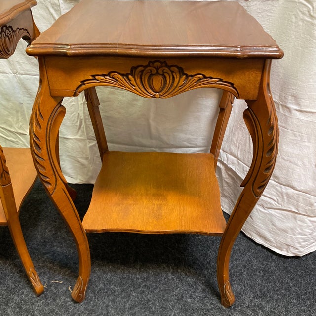 French Country Vintage French Style Carved Legs and Skirts Wood Side Tables - a Pair For Sale - Image 3 of 11