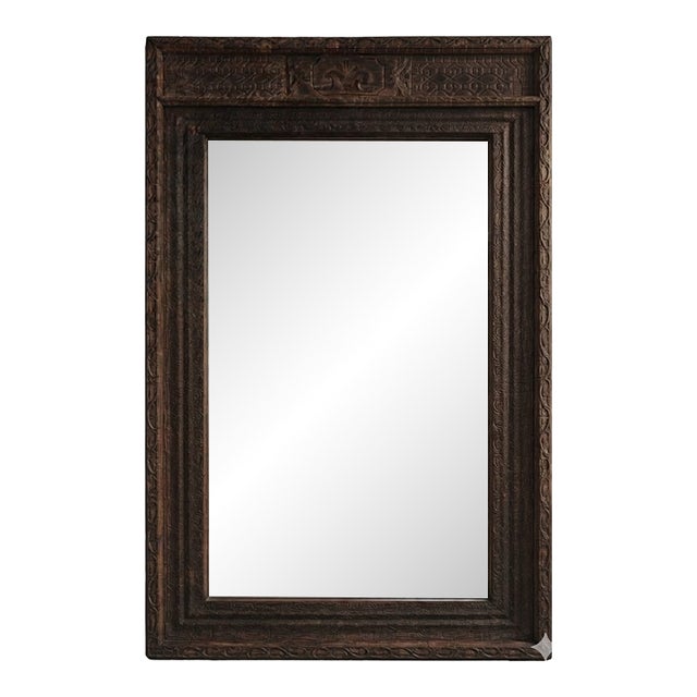 Antique Indian Doorway Dark Teak Carved Wood Huge Floor Mirror Frame | Handcrafted Vintage Full-Length Statement Mirror Frame For Sale