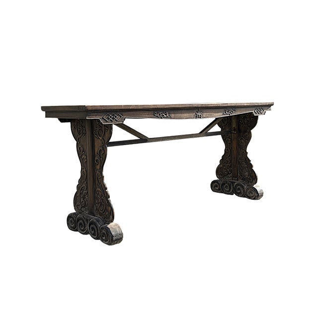 Vintage Oriental Natural Brown Ru Yi Relief Carving Altar Console Table For Sale - Image 4 of 12
