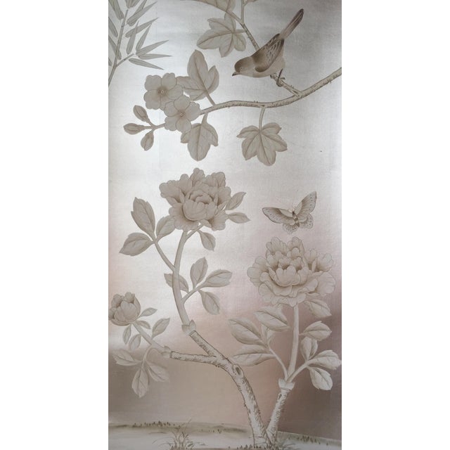 Luxury Hand Painted Silver Foil Wallpaper With Floral & Bird Design, Elegant Chinoiserie Botanical Wallcovering, Custom Oriental Interior Mural For Sale - Image 10 of 10