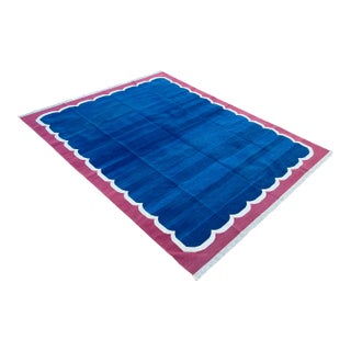 Not Yet Made - Made To Order Handmade Cotton Vegetable Dyed Scalloped Rug Indigo Blue With Raspberry Pink Border - 12'x15' For Sale