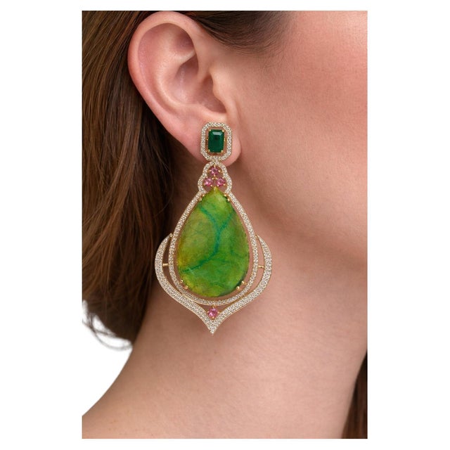 Late 20th Century Bochic “Capri” Vintage Emerald, Tourmaline & Diamond Earrings Set In 18K Gold & Silver For Sale - Image 5 of 13