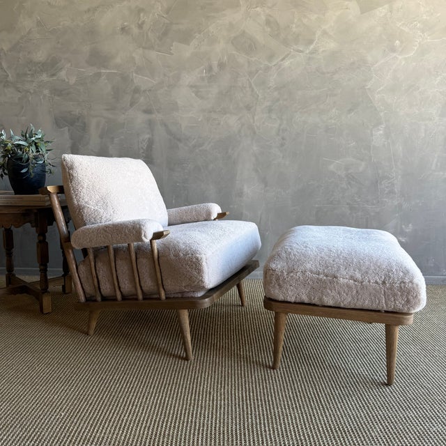 Frances Ottoman Oak Ottoman Upholstered in Genuine Sheepskin With Down Foam Core For Sale - Image 9 of 10