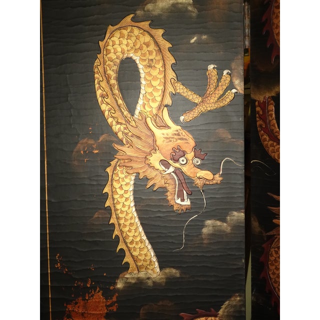 Metal Vintage Oriental Asian Black & Gold Four Panel Screen Room Divider ~ Dragons For Sale - Image 7 of 13