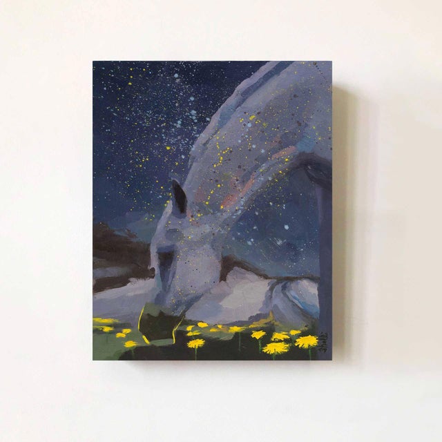 Early 21st Century Stardust by Shelli Langdale | Oil on gallery panel Horse grazing among yellow flowers at night. For Sale - Image 5 of 5