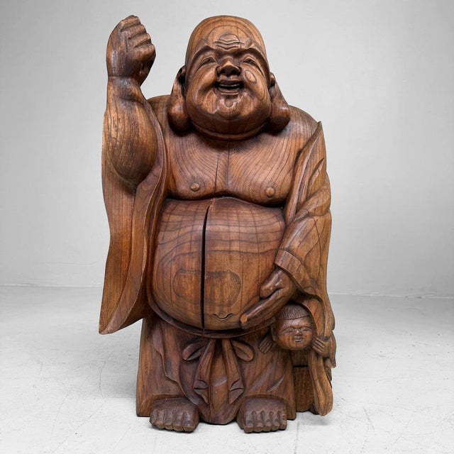 Japanese Wooden Temple Statue of Hotei with Child, 1920s For Sale - Image 14 of 14