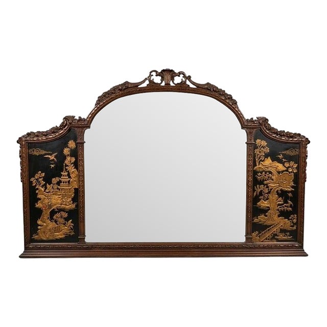 Raised Chinoiserie Gilded and Natural Walnut Louis XV Mantel Buffet Mirror For Sale