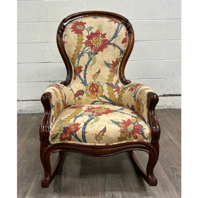 Victorian Antique Victorian Style Walnut Balloon Back Floral Upholstered Rocking Chair For Sale - Image 3 of 10