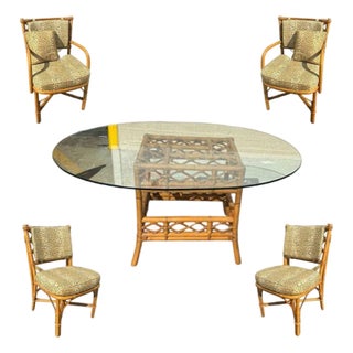 1950s Restored Mid-Century Rattan Dining Table & Chairs W/ Leopard Print Cushions - Set of 5 For Sale