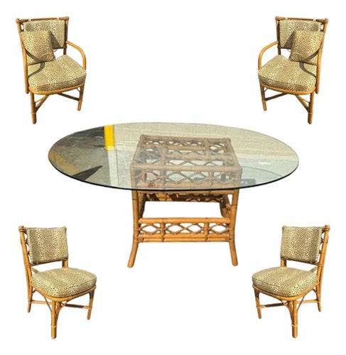 1950s Restored Mid-Century Rattan Dining Table Chairs W/ Leopard