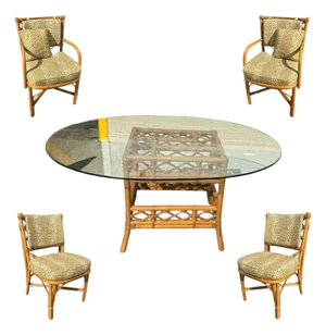 1950s Restored Mid-Century Rattan Dining Table & Chairs W/ Leopard Print Cushions - Set of 5